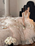 Load image into Gallery viewer, Winter high-end carved milk fleece four-piece French princess style double-sided coral fleece lace edge quilt cover sheet