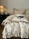 Load image into Gallery viewer, French autumn and winter thickened polished pure cotton four-piece set girl bow embroidered satin cotton warm bedding