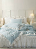 Load image into Gallery viewer, ins blue cotton washed cotton four-piece set fairy padded lace bed skirt French ruffle edge pure cotton quilt cover 4