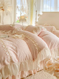 Load image into Gallery viewer, Winter thickened milk fleece four-piece princess wind double-sided plush coral fleece lace quilt cover padded bed cover