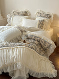 Load image into Gallery viewer, French milk fleece bed four-piece princess style pastoral flower pleated lace coral fleece quilt cover fairy bed cover