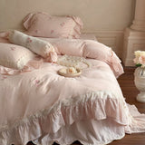 Load image into Gallery viewer, French Romantic Flower Cotton Wrinkle Yarn Four-piece Girl's Heart Rose Embroidered Lace Edge Quilt Cover Pure Cotton Bedding