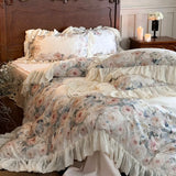 Load image into Gallery viewer, French romantic lace edge retro wind tencel cotton polished four-piece set flower print quilt cover bedding