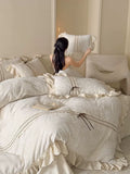 Load image into Gallery viewer, French retro cotton and linen four-piece color-woven jacquard quilt cover, bow lace linen quilt cover, soft bedding