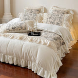 Load image into Gallery viewer, French milk fleece bed four-piece princess style pastoral flower pleated lace coral fleece quilt cover fairy bed cover