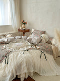 Load image into Gallery viewer, French princess style pastoral flower cotton bed skirt four-piece set pure cotton lace edge quilt cover high-end bedding