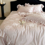 Load image into Gallery viewer, French romantic tencel cotton four-piece set relief jacquard satin lotus leaf edge quilt cover girl heart spring and summer bed sheet bedding