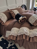 Load image into Gallery viewer, French retro plaid cotton washed cotton four-piece set pure cotton embroidered lace edge quilt cover girl heart princess bed skirt