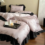 Load image into Gallery viewer, Summer retro peach heart cool Lenzing Tencel four-piece girl heart embroidery silky sleeping quilt cover bedding
