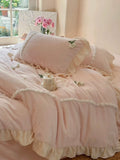 Load image into Gallery viewer, ins pink princess wind milk fleece bed four-piece set winter coral fleece quilt cover girl bed sheet lace bedding 4