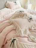 Load image into Gallery viewer, French lace edge thickened milk fleece four-piece set bow princess wind coral fleece quilt cover high-end bedding