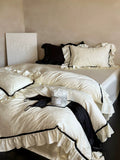 Load image into Gallery viewer, French Lyocell Tencel cotton four-piece set of pure cotton satin jacquard quilt cover girl heart lace solid color bed sheet bedding
