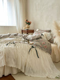 Load image into Gallery viewer, French princess style pastoral flower cotton bed skirt four-piece set pure cotton lace edge quilt cover high-end bedding