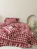 Load image into Gallery viewer, French retro girl heart red plaid pure cotton four-piece set cotton yarn-dyed double-layer yarn quilt cover soft bedding