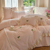 Load image into Gallery viewer, ins pink princess wind milk fleece bed four-piece set winter coral fleece quilt cover girl bed sheet lace bedding 4