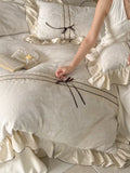 Load image into Gallery viewer, French retro cotton and linen four-piece color-woven jacquard quilt cover, bow lace linen quilt cover, soft bedding