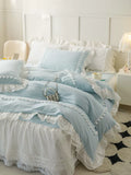 Load image into Gallery viewer, ins blue cotton washed cotton four-piece set fairy padded lace bed skirt French ruffle edge pure cotton quilt cover 4