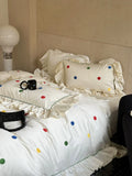 Load image into Gallery viewer, Girl's heart satin long-staple cotton four-piece set cute color polka dot embroidered lotus leaf lace quilt cover cotton bed sheet