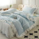 Load image into Gallery viewer, ins blue cotton washed cotton four-piece set fairy padded lace bed skirt French ruffle edge pure cotton quilt cover 4