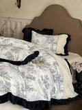 Load image into Gallery viewer, Winter thickened double-sided milk fleece four-piece set French retro warm niche printed quilt cover fleece lace bedding