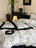 Load image into Gallery viewer, French black retro lotus leaf lace milk fleece four-piece winter warm carved quilt cover sheets thickened bedding