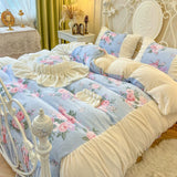 Load image into Gallery viewer, French princess winter thickened milk fleece bed four-piece set pleated lace quilt cover double-sided coral plush sheets
