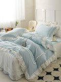 Load image into Gallery viewer, ins blue cotton washed cotton four-piece set fairy padded lace bed skirt French ruffle edge pure cotton quilt cover 4