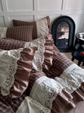 Load image into Gallery viewer, French retro plaid cotton washed cotton four-piece set pure cotton embroidered lace edge quilt cover girl heart princess bed skirt