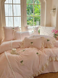 Load image into Gallery viewer, ins pink princess wind milk fleece bed four-piece set winter coral fleece quilt cover girl bed sheet lace bedding 4