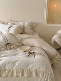 Load image into Gallery viewer, French retro cotton and linen four-piece color-woven jacquard quilt cover, bow lace linen quilt cover, soft bedding