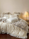 Load image into Gallery viewer, French milk fleece bed four-piece princess style pastoral flower pleated lace coral fleece quilt cover fairy bed cover