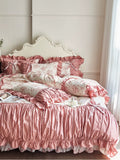 Load image into Gallery viewer, French cotton long-staple cotton four-piece set princess style flower printing pure cotton lotus leaf lace quilt cover girl heart bed sheet