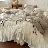 Load image into Gallery viewer, French princess style pastoral flower cotton bed skirt four-piece set pure cotton lace edge quilt cover high-end bedding