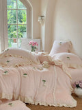 Load image into Gallery viewer, ins pink princess wind milk fleece bed four-piece set winter coral fleece quilt cover girl bed sheet lace bedding 4