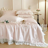 Load image into Gallery viewer, French sweet wind Tencel summer cool quilt bed cover four-piece summer washed ice silk girl lace thin quilt